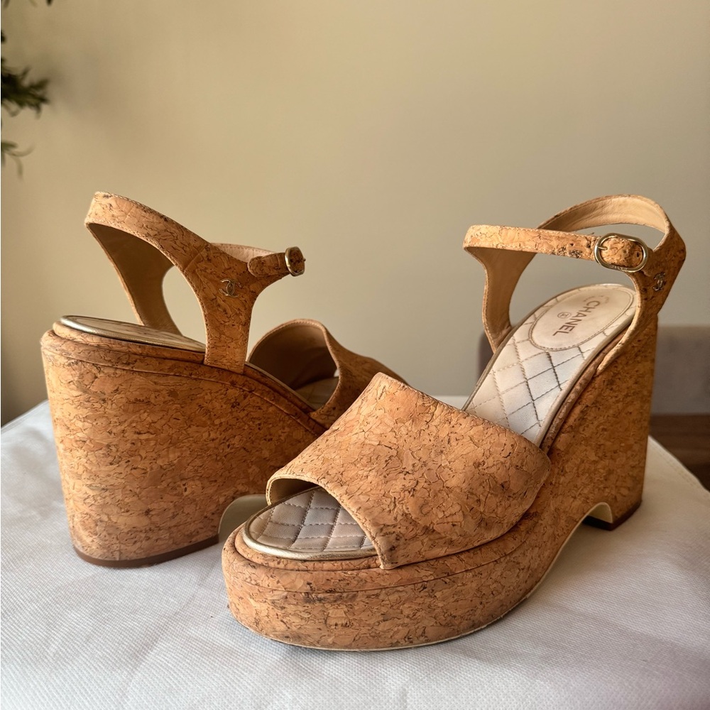 Chanel CC Cork Wedge Sandals